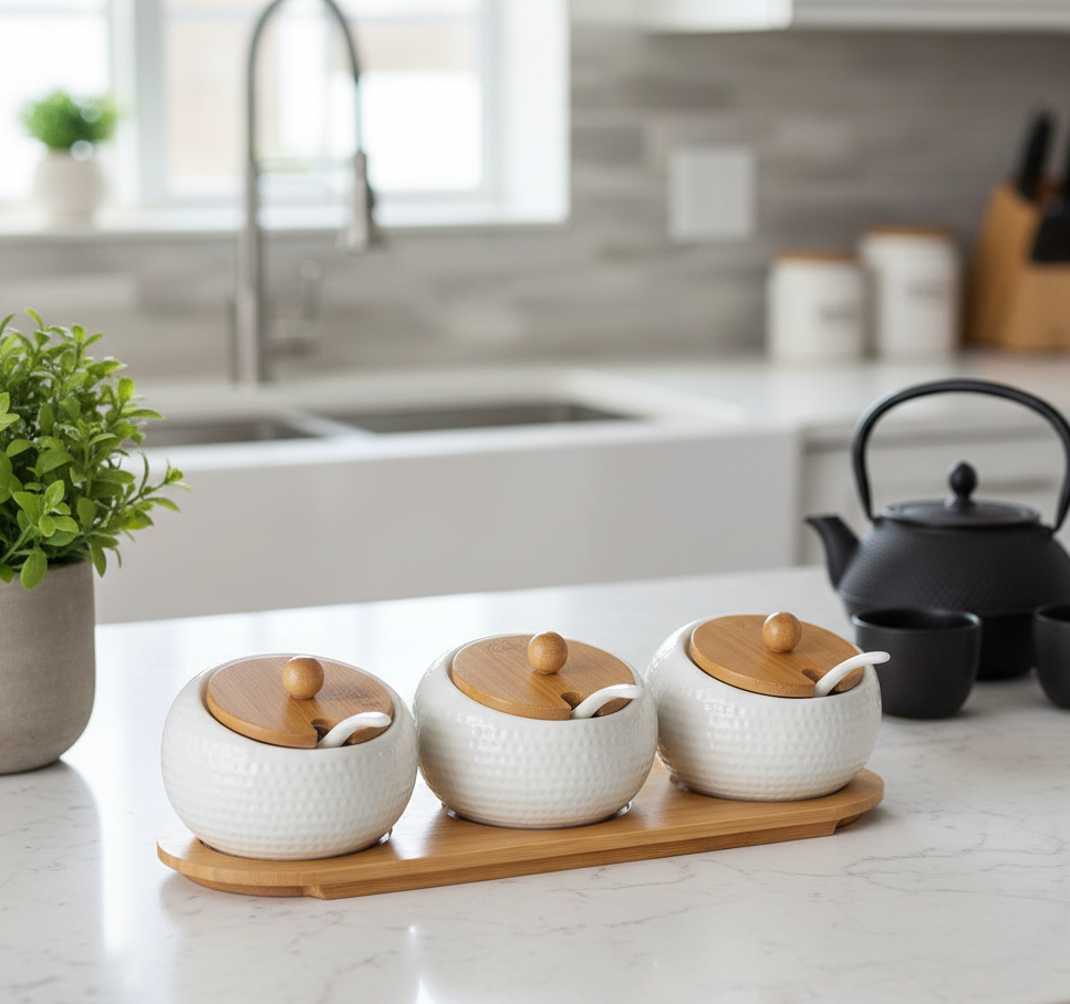 Porcelain Condiment Jar Spice Container with Bamboo Lids