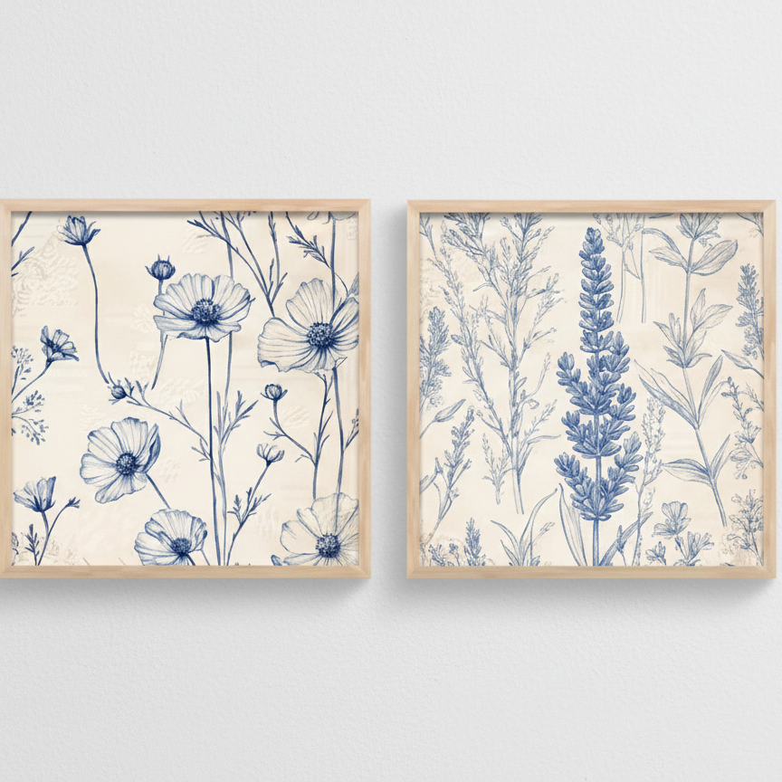 Blue Botanical - Floral Wall Art Painting (Set of 2, 8×8 Inch, Framed)