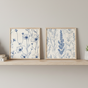 Blue Botanical - Floral Wall Art Painting (Set of 2, 8×8 Inch, Framed)