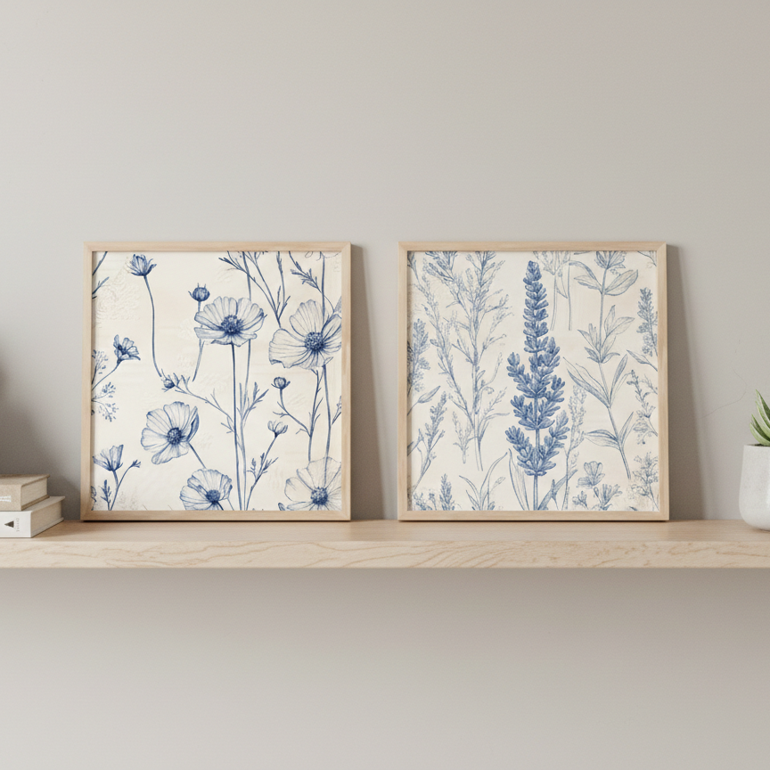 Blue Botanical - Floral Wall Art Painting (Set of 2, 8×8 Inch, Framed)