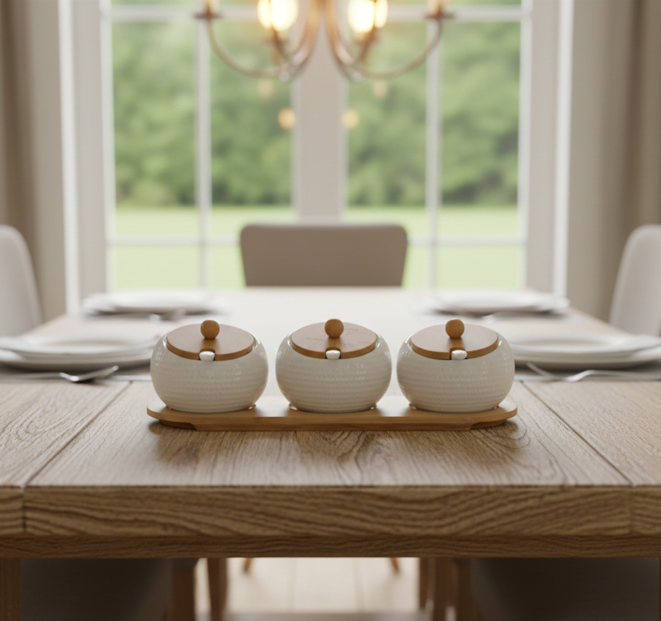 Porcelain Condiment Jar Spice Container with Bamboo Lids