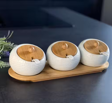 Porcelain Condiment Jar Spice Container with Bamboo Lids