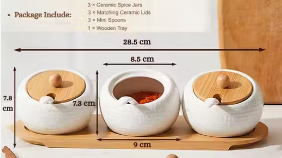 Porcelain Condiment Jar Spice Container with Bamboo Lids