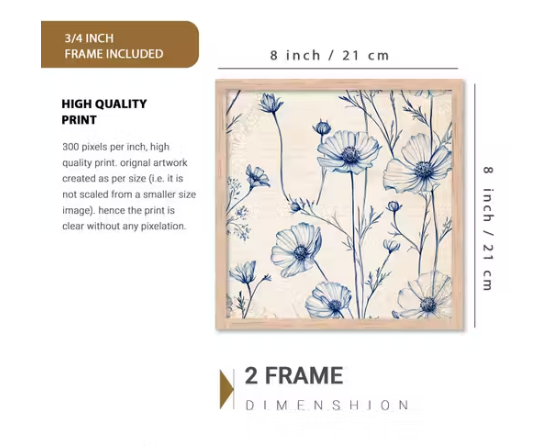 Blue Botanical - Floral Wall Art Painting (Set of 2, 8×8 Inch, Framed)