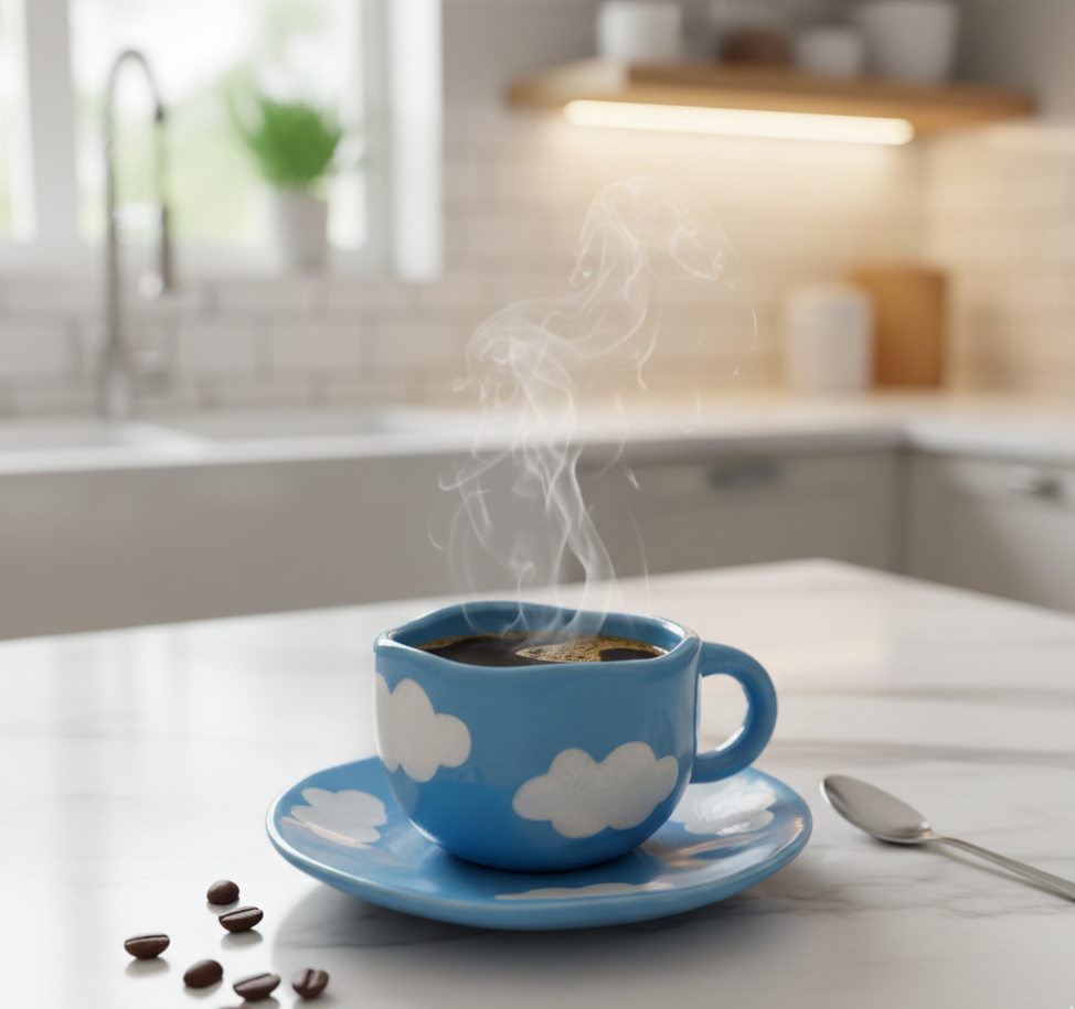 Handmade ceramic blue cloud print cup and saucer set