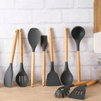 Heat resistant silicone kitchen utensils set with wooden handles