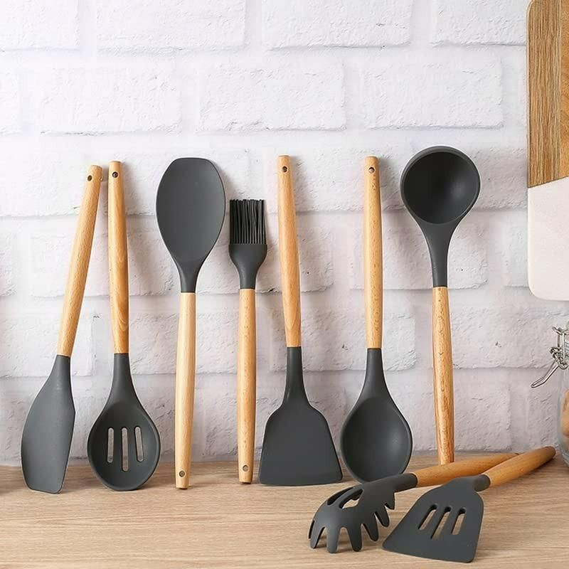 Heat resistant silicone kitchen utensils set with wooden handles