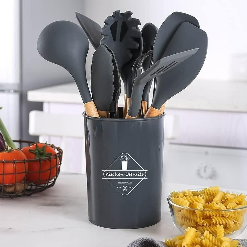 Silicone cooking utensils set of 11 with wooden handles and holder
